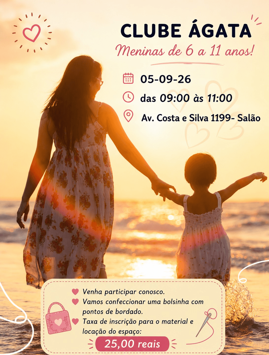 Cartaz do Clube Ágata com mãe e menina caminhando à beira-mar