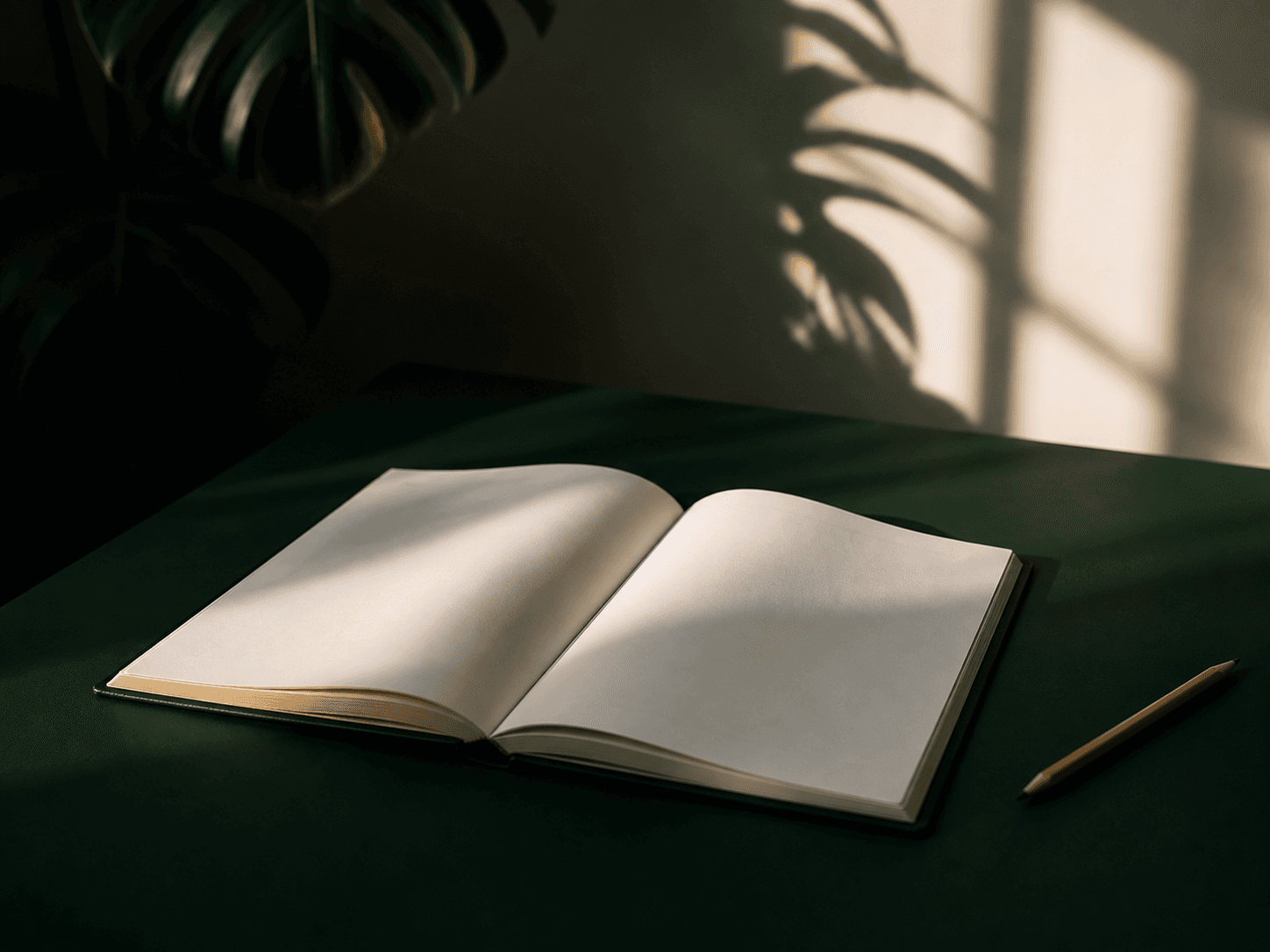Livro aberto e lápis em mesa verde