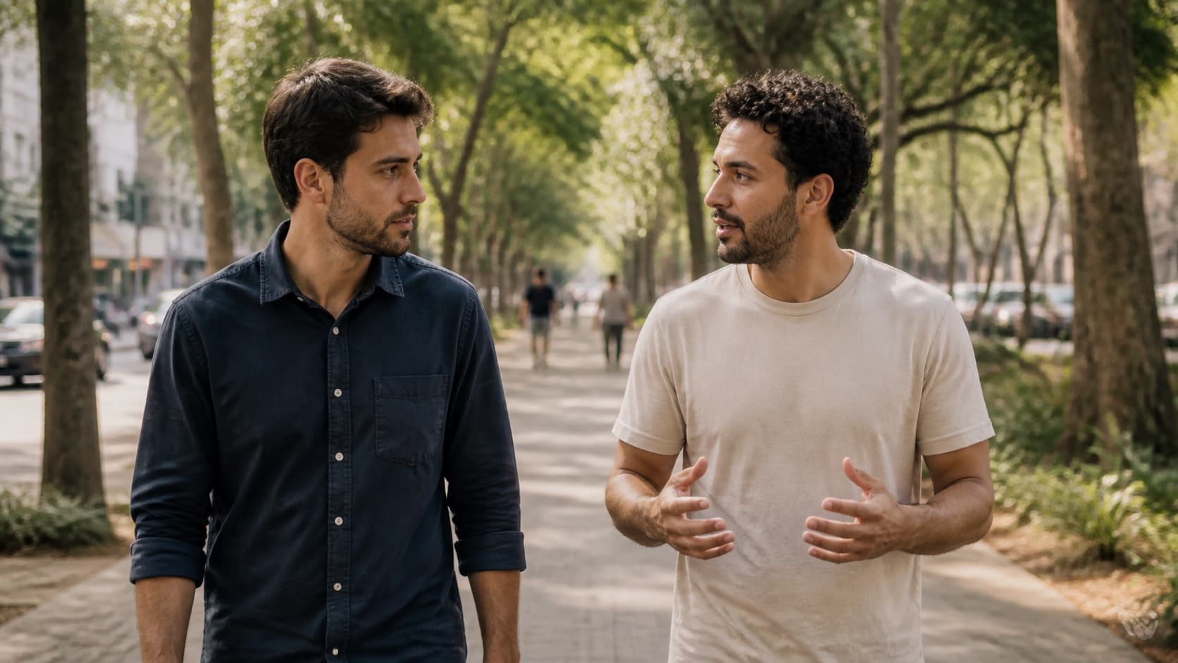 Dois amigos conversam enquanto caminham por uma alameda