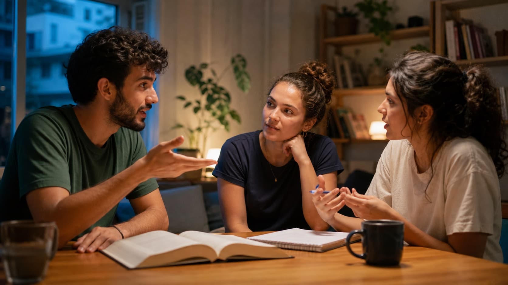 Três jovens conversam e estudam juntos ao redor de uma mesa