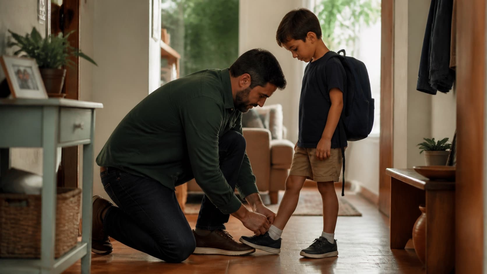 Pai ajuda o filho a amarrar o tênis antes da escola